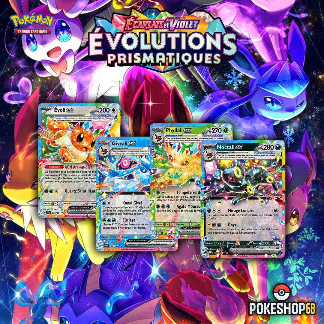 🌟🌈 Pack Évolution Prismatique EX – 4 Cartes Japonaises Sublimes – Évoli, Givrali, Phyllali & Noctali